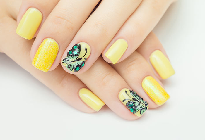 Yellow Nails With Beautiful Accent Butterflies Nail Art