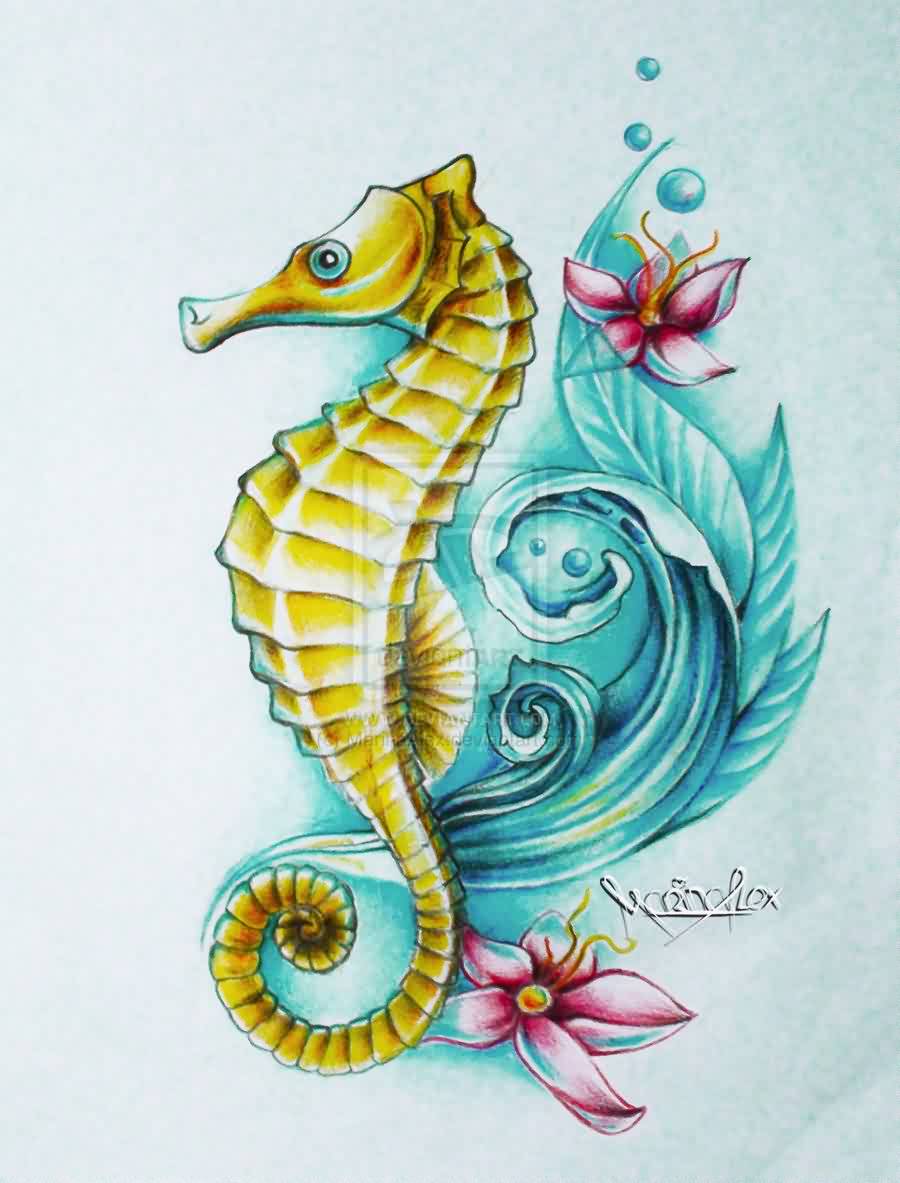 Yellow Seahorse And Flower Tattoo Design