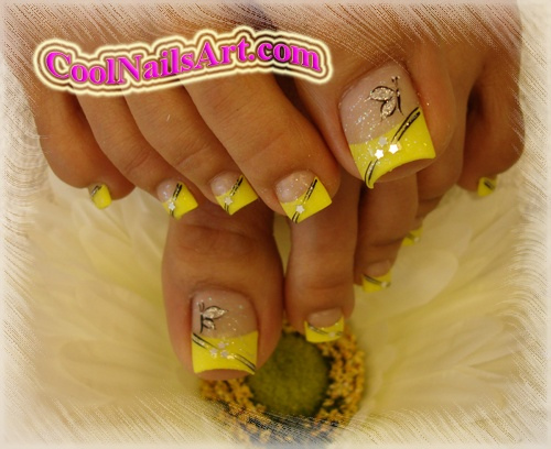Yellow Tip Toe Nails With Butterflies Nail Art