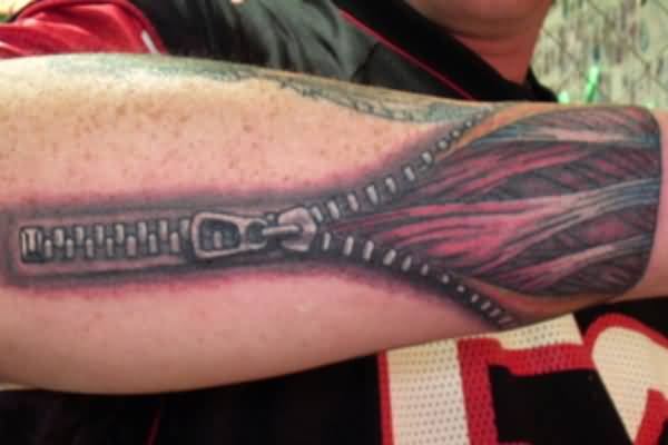 Zipper And Inner Skin Tattoo On Arm Sleeve