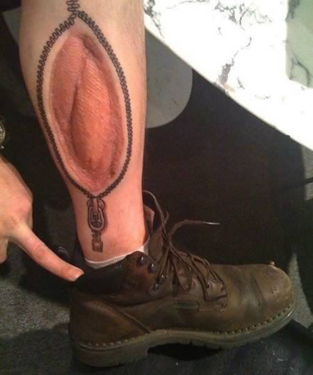 Zipper On Real Scar Tattoo On Leg