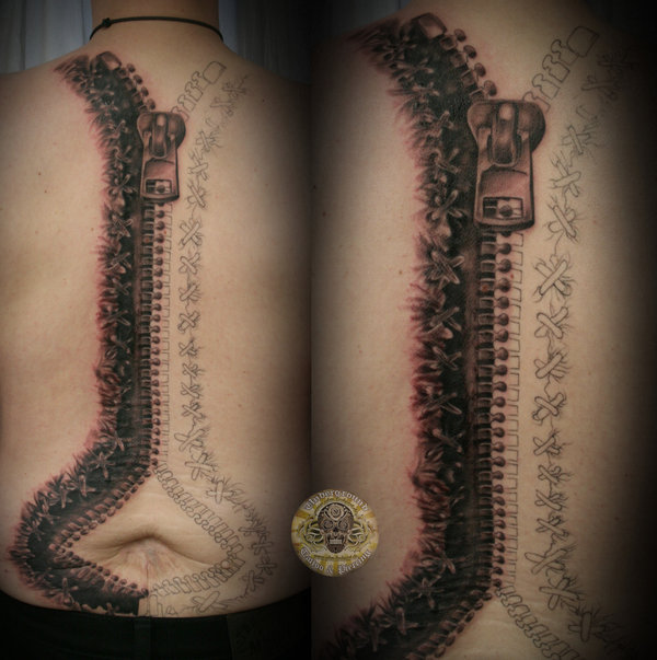 Zipper Tattoo Over Scar Tattoo