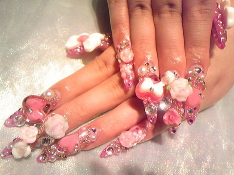 3D Flowers And Bows Japanese Nail Art