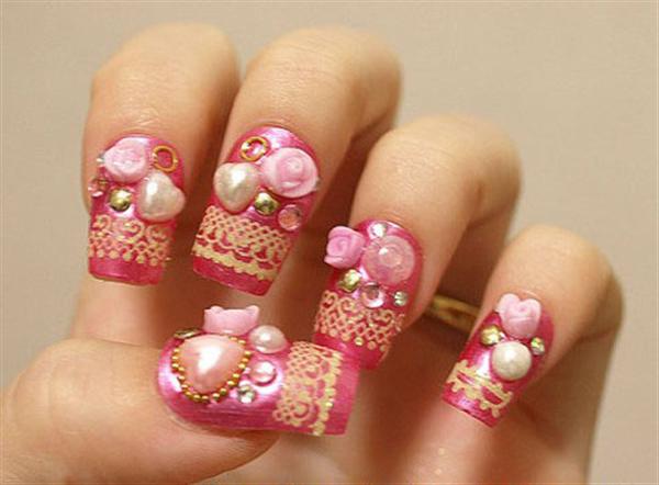 3D Hearts, Flowers And Lace Design Japanese Nail Art