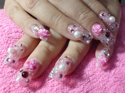 3D Pearls And Rose Flowers Japanese Nail Art