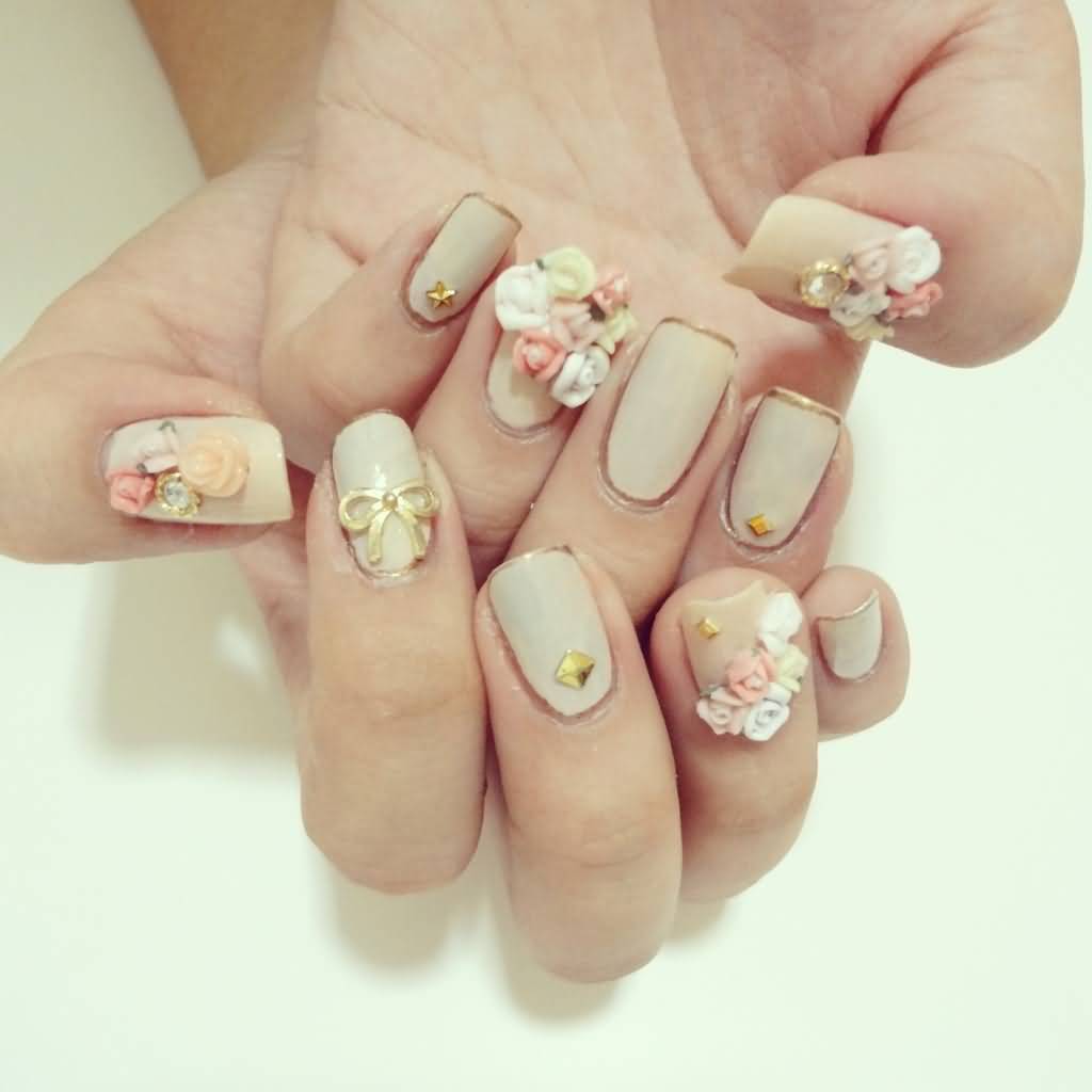 3D Rose Flowers And Bows Japanese Nail Art Design
