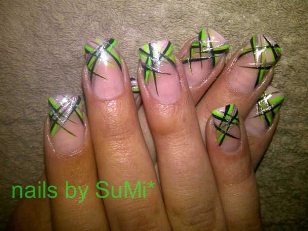 Abstract Lime Green And Black Stripes Design Nail Art
