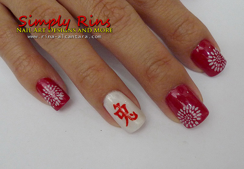 Accent Red Chinese Symbol Nail Art Design Idea