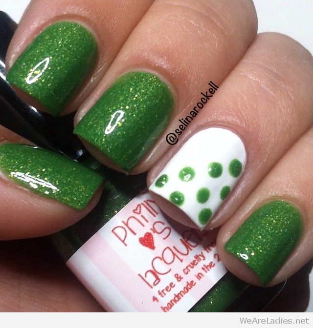 Accent White Nails With Green Polka Dots Nail Art