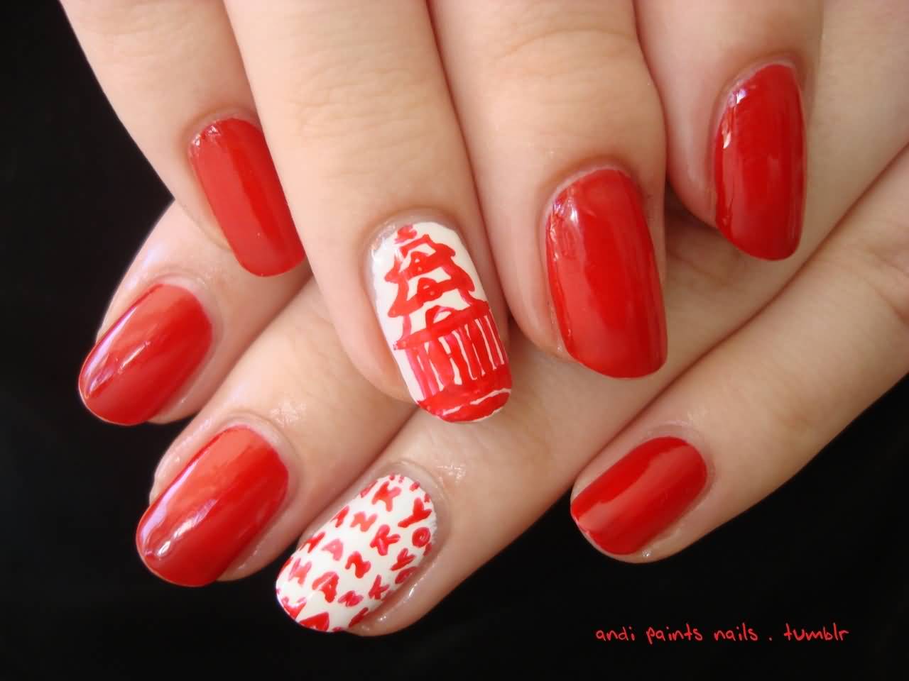 Adorable Red Chinese Nail Art Design Idea