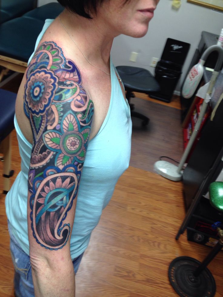 Amazing Flowers Paisley Pattern Tattoo On Right Half Sleeve For Girls