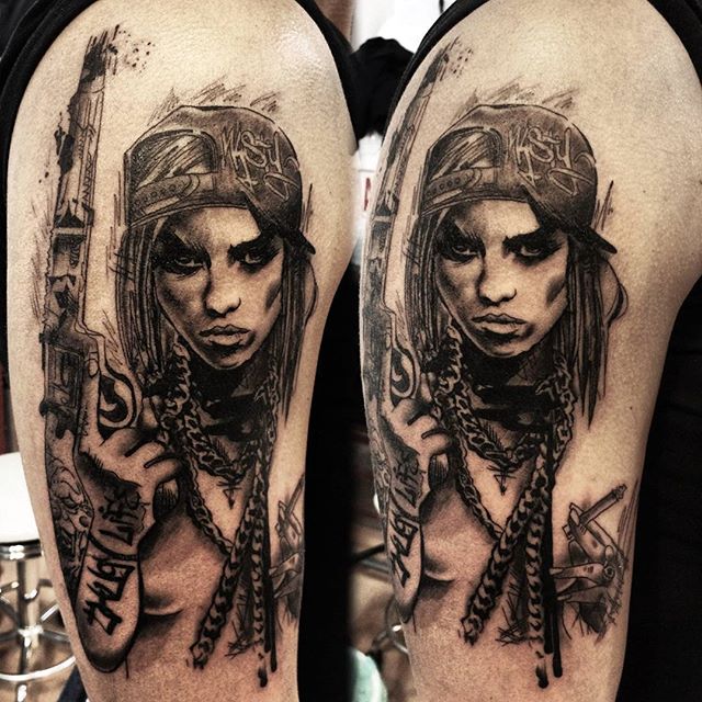 Amazing Grey And Black Gangsta Girl Tattoo On Right Half Sleeve.