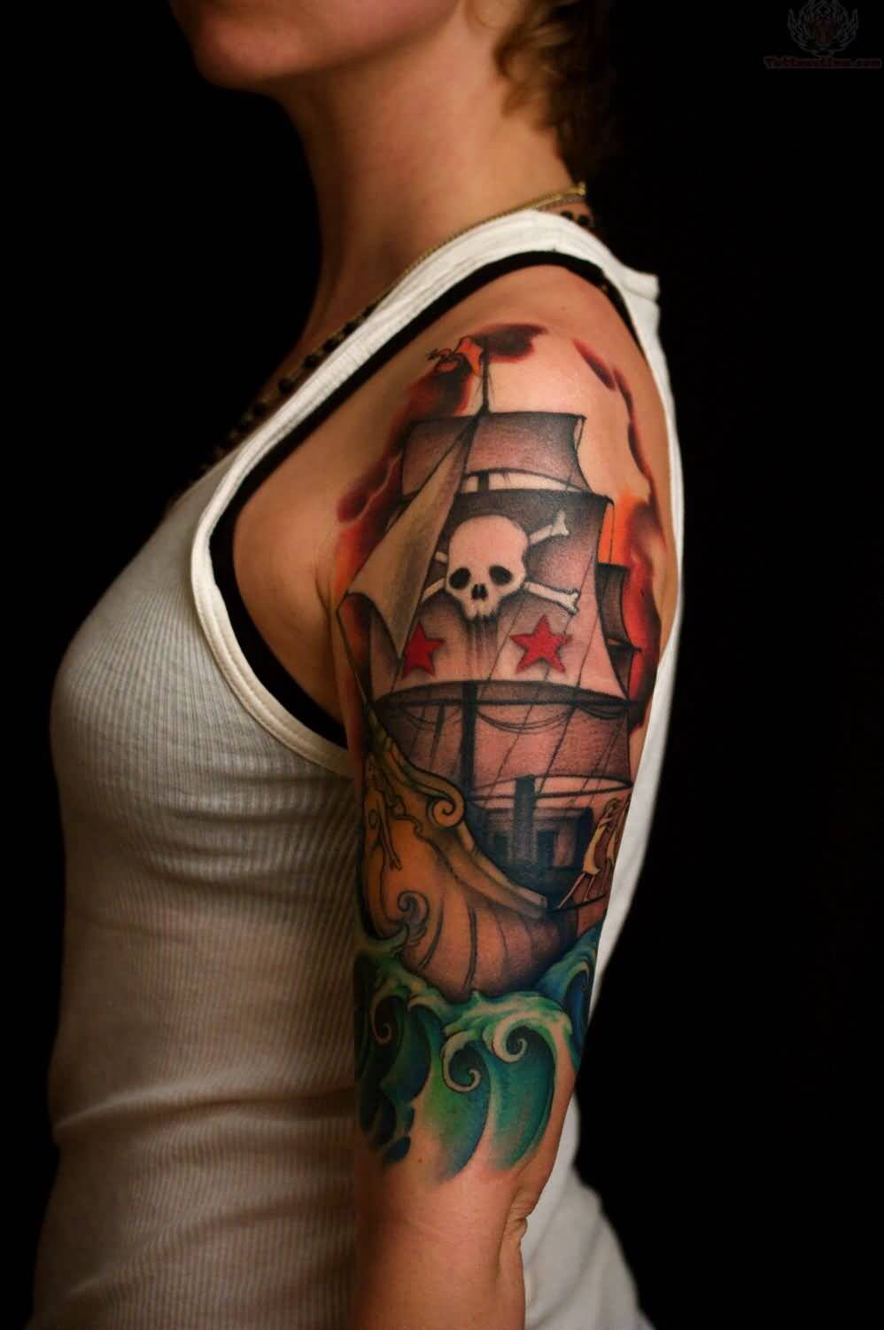 Amazing Jolly Roger Ship Tattoo On Left Half Sleeve For Girls
