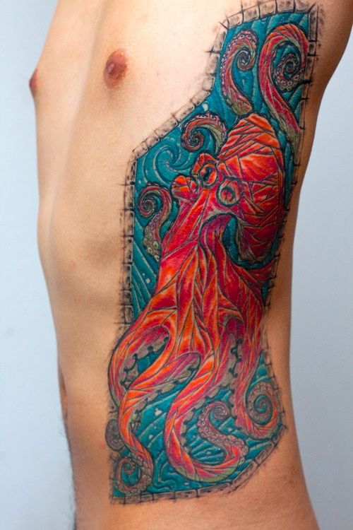 Amazing Octopus Mosaic Tattoo On Left Side Rib