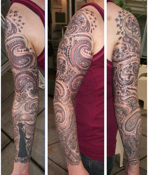 Amazing Paisley Pattern With Lady Tattoo On Full Sleeve