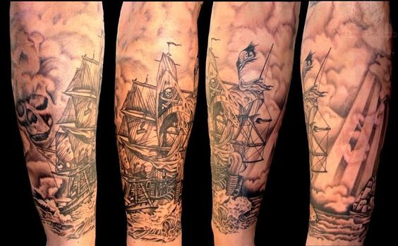Amazing Pirate Jolly Roger Ship Tattoo