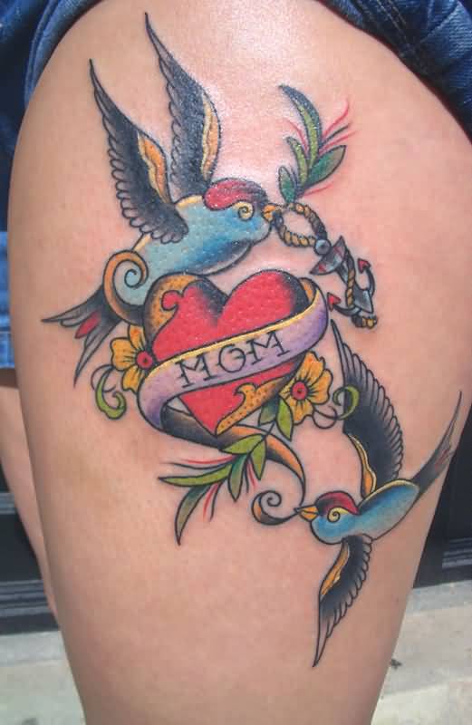Anchor And Birds With Mom Heart Traditional Tattoo