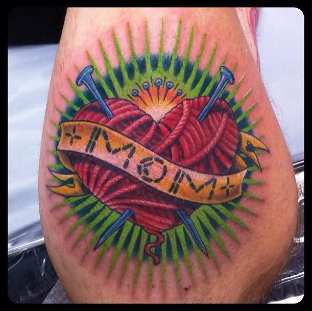 Attractive Heart Made Of Spool And Mom Banner Tattoo
