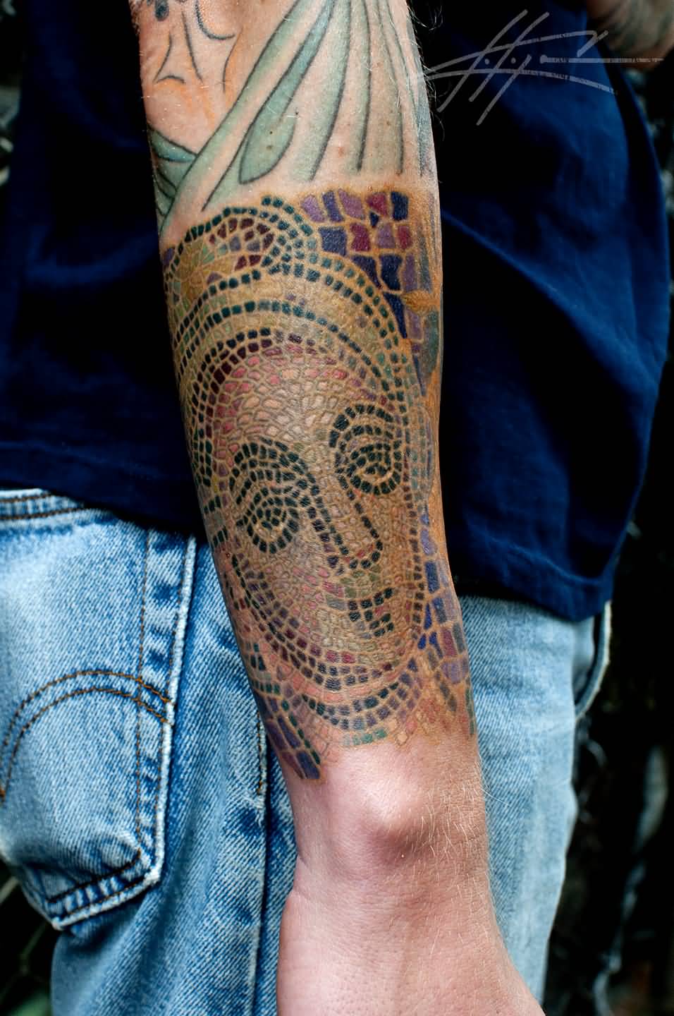 Attractive Mosaic Women Face Tattoo On Forearm
