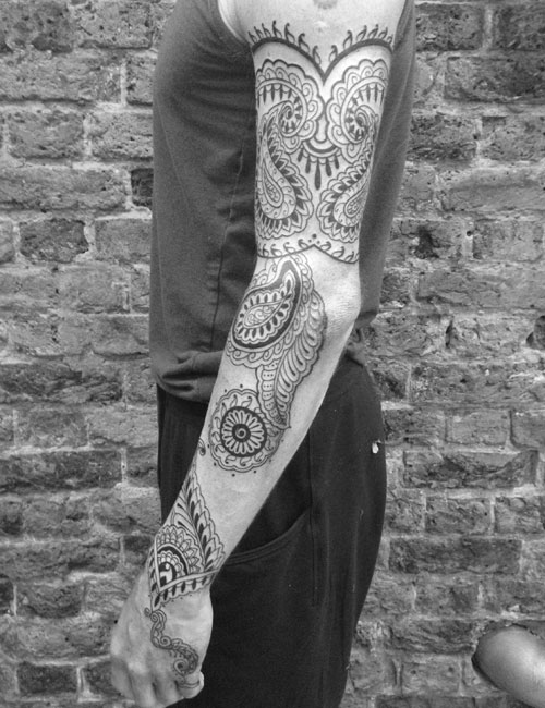Attractive Paisley Pattern On Full Sleeve Tattoo