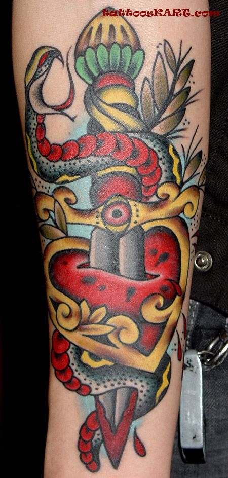 Attractive Snake With Dagger Tattoo On Half Sleeve