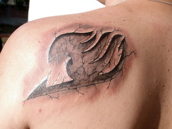 Awesome 3D Fairy Tail Symbol Tattoo On Left Back Shoulder