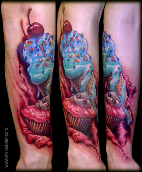 Awesome 3D Ice Cream And Cupcake Tattoo