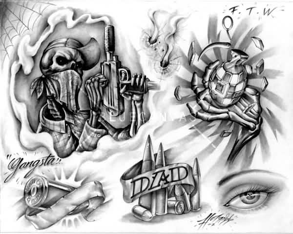 Awesome Black And White Gangsta Tattoo Set