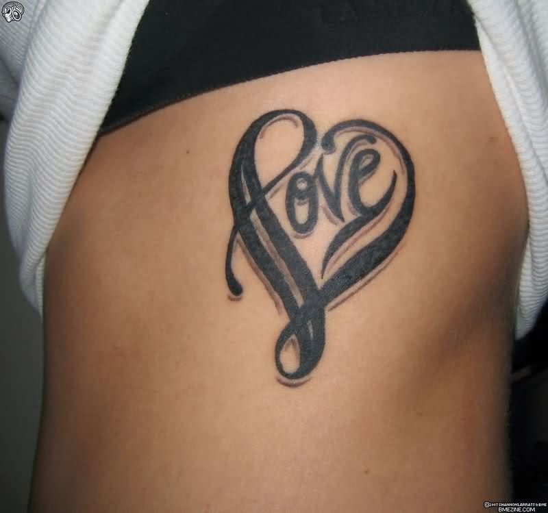 Awesome Black Ink Love Tattoo On Side Rib