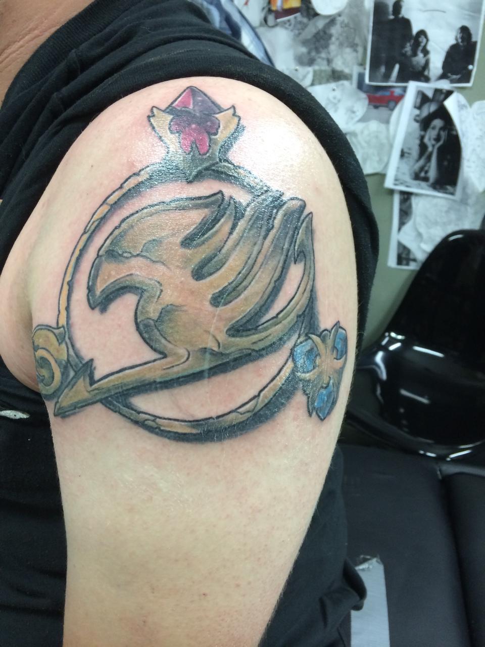 Awesome Fairy Tail And Zelda Spiritual Stones Tattoo On Left Shoulder