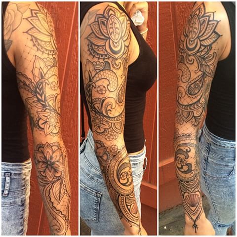 Awesome Flower Paisley Pattern Full Sleeve Tattoo