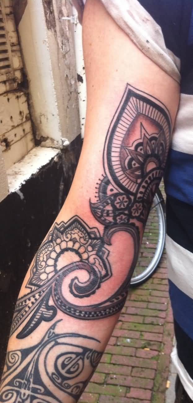 Awesome Flower Paisley Pattern Tattoo On Full Sleeve
