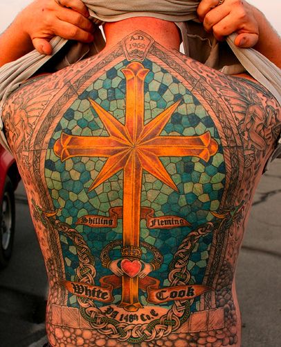 Awesome Full Back Mosaic Cross Tattoo