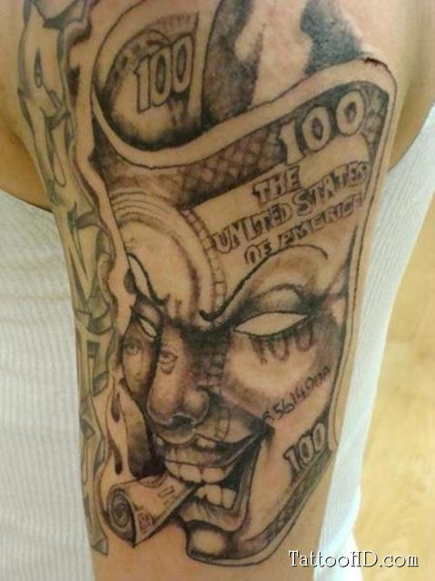 Awesome Gangsta Mask Smoking Tattoo On Half Sleeve