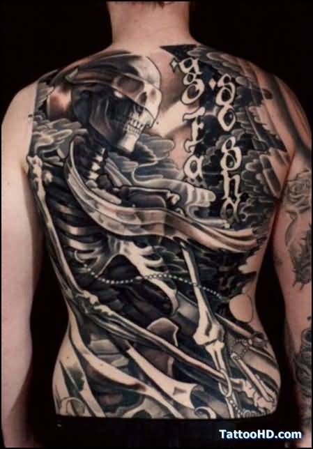Awesome Gangsta Skeleton Tattoo On Full Back For Men