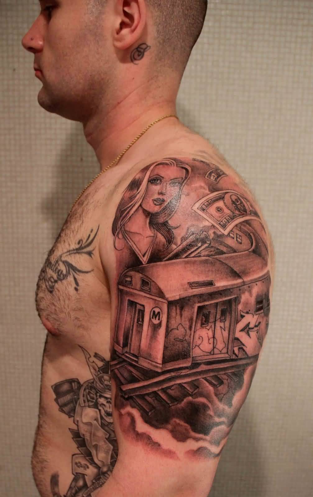 Awesome Grey Gangsta Tattoo On Left Half Sleeve