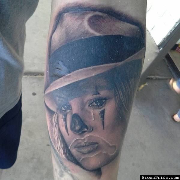 Awesome Grey Ink Gangsta Clown Girl Tattoo On Sleeve