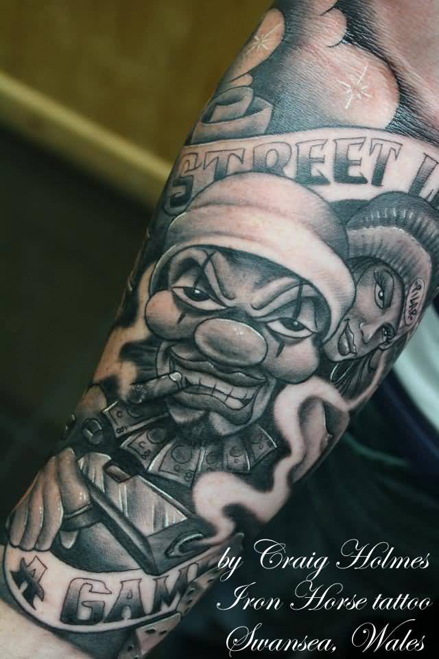Awesome Grey Ink Smoking Clown Gangsta Tattoo