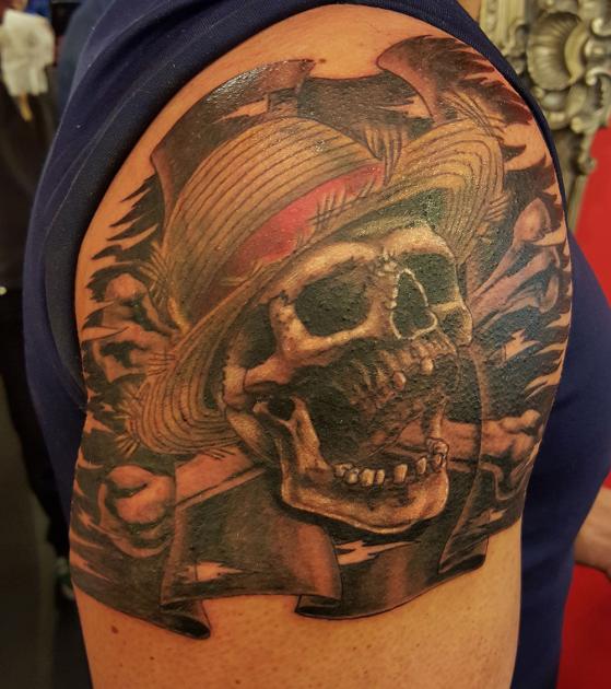 Awesome Grey Jolly Roger Tattoo On Right Shoulder
