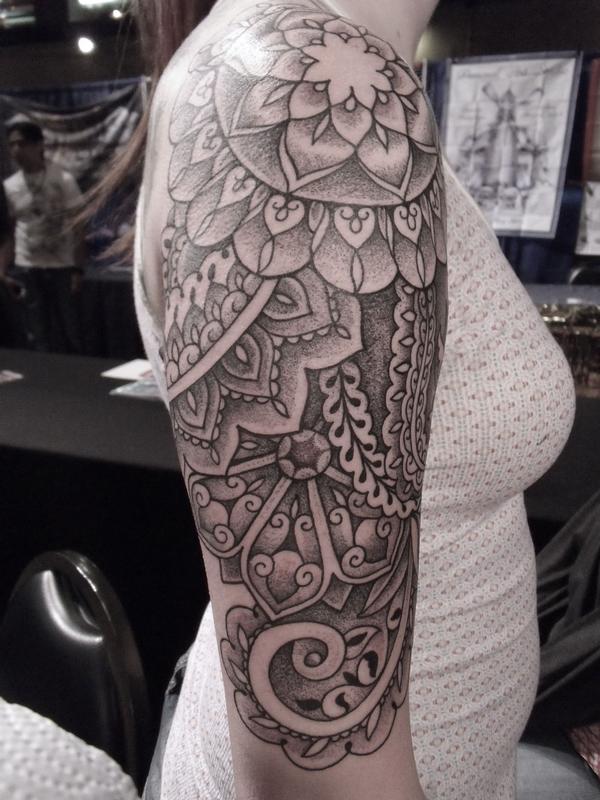 Awesome Grey Mandala Flower Paisley Pattern Tattoo On Half Sleeve