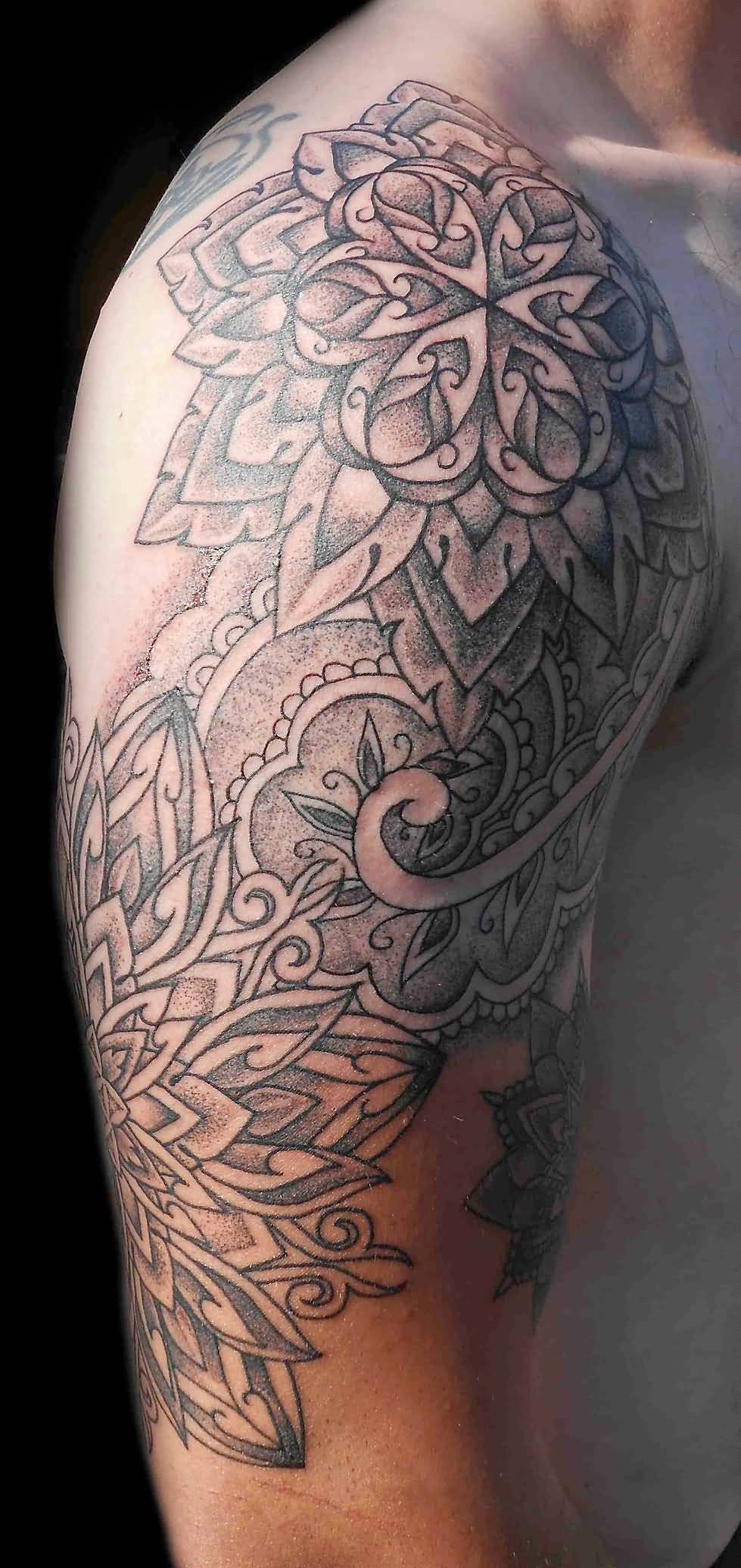 Awesome Grey Paisley Pattern Flower Tattoo On Right Half Sleeve
