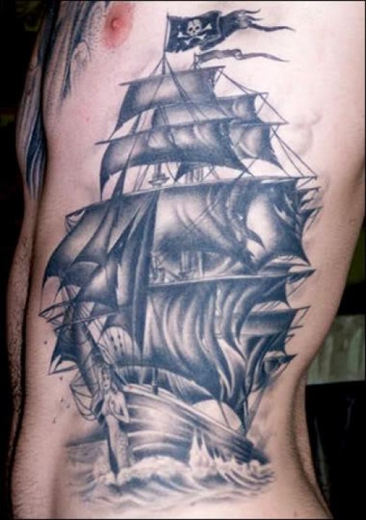 Awesome Jolly Roger Ship Tattoo On Left Side Rib
