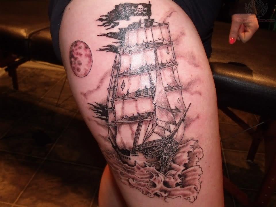 Awesome Jolly Roger Ship Tattoo On Thigh Side