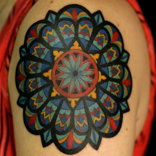 Awesome Mosaic Flower Tattoo On Left Shoulder