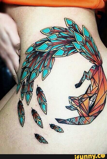 Awesome Mosaic Fox With Feathers Tattoo