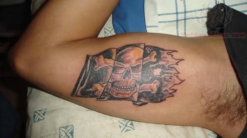 Awesome Pirate Flag Tattoo On Biceps
