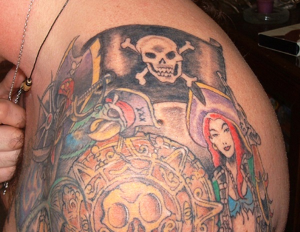 Awesome Pirate Flag With Captain And Parrot Tattoo On Left Shoulder