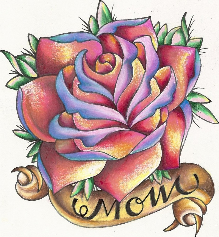 Awesome Rose Flower With Mom Banner Tattoo Stencil
