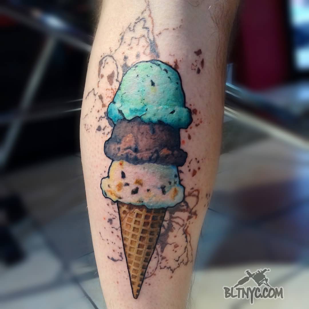 Awesome Triple Scoop Ice Cream Cone Tattoo