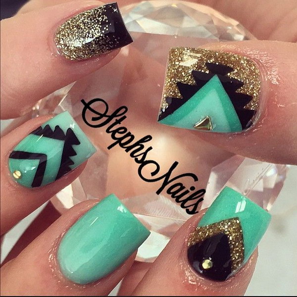 Baby Green Nails With Gold Glitter Nail Art